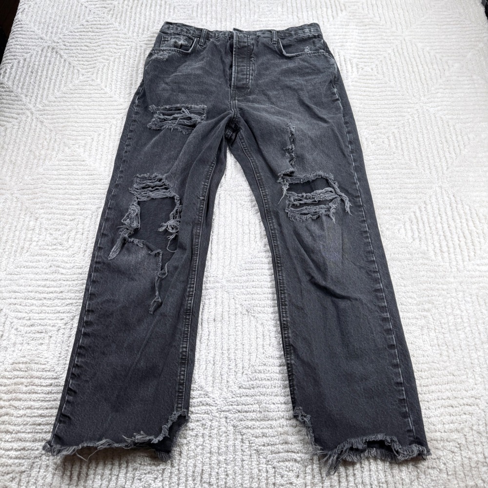 We The Free Womens 30 Black Distressed Ripped Straight Jeans Grunge Goth Skater